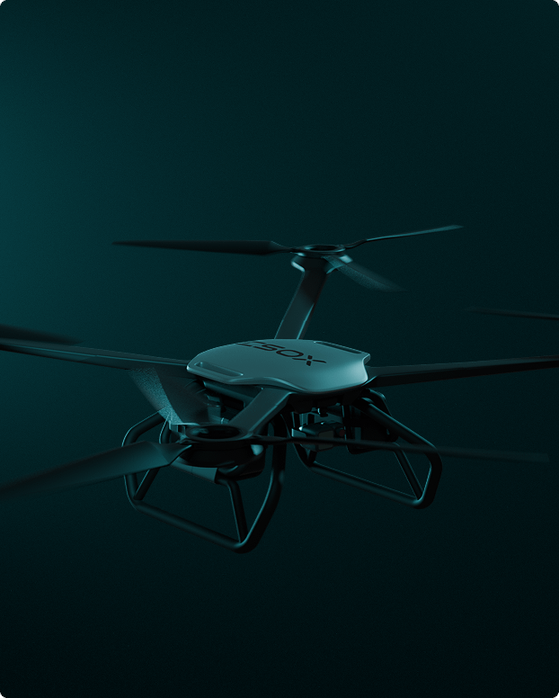 A close-up view of a black quadcopter drone, hovering against a dark teal background with dramatic lighting highlighting its propellers and body.