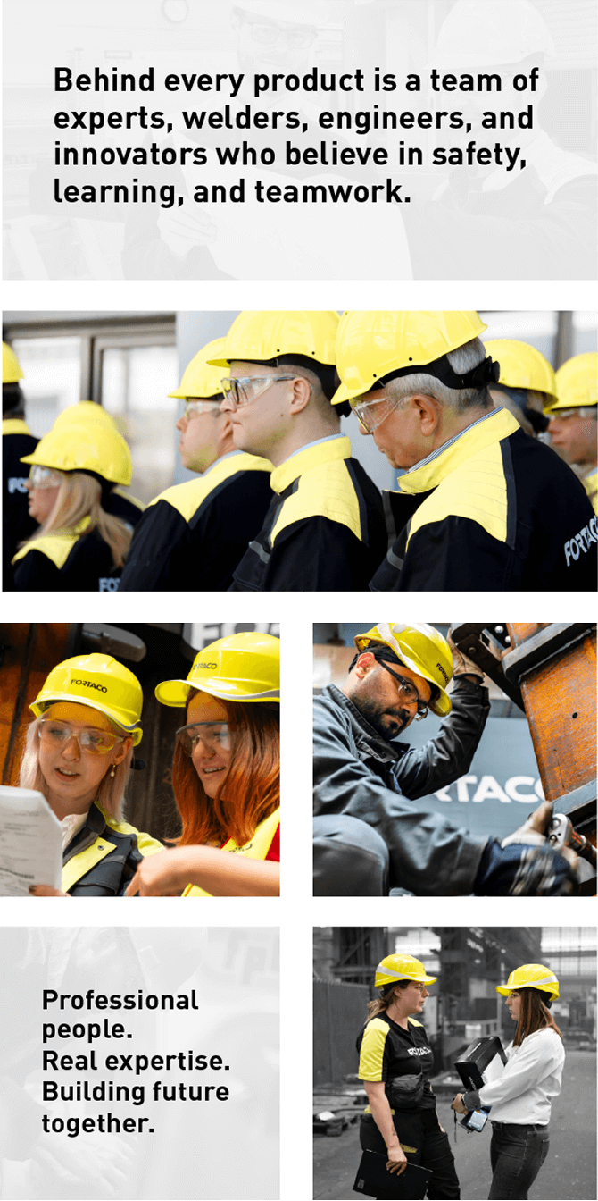 Collage of workers in yellow hard hats and safety gear collaborating, reading plans, inspecting equipment, and shaking hands, accompanied by text about teamwork, expertise, safety, and building the future together.