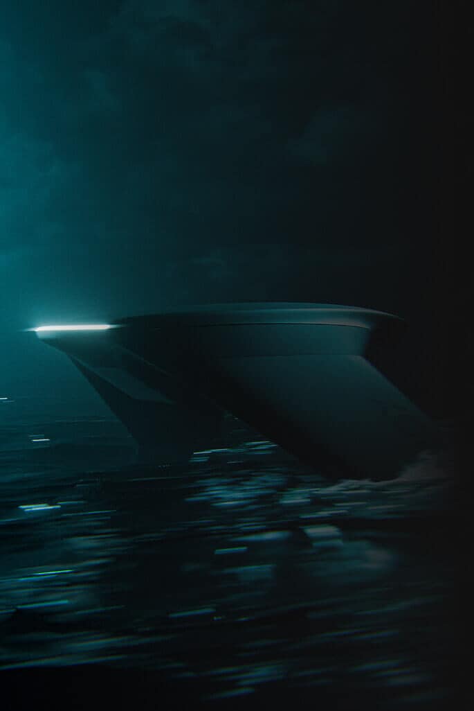 A futuristic, dark ship or vessel with glowing lights on its edge moves through choppy waters at night, with mist and reflections visible on the sea surface.