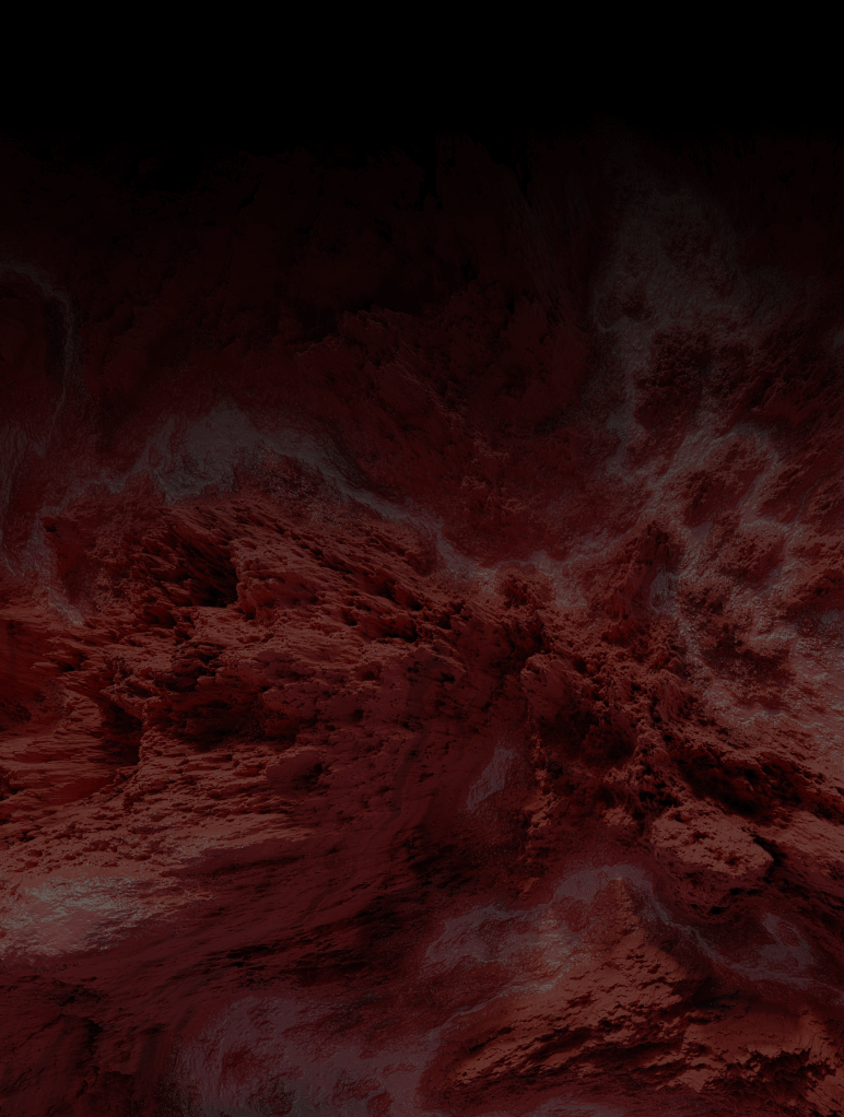 A dramatic, dark red abstract texture depicting turbulent, cloud-like formations. The image gives an impression of depth and motion, resembling a stormy sky or a chaotic landscape.