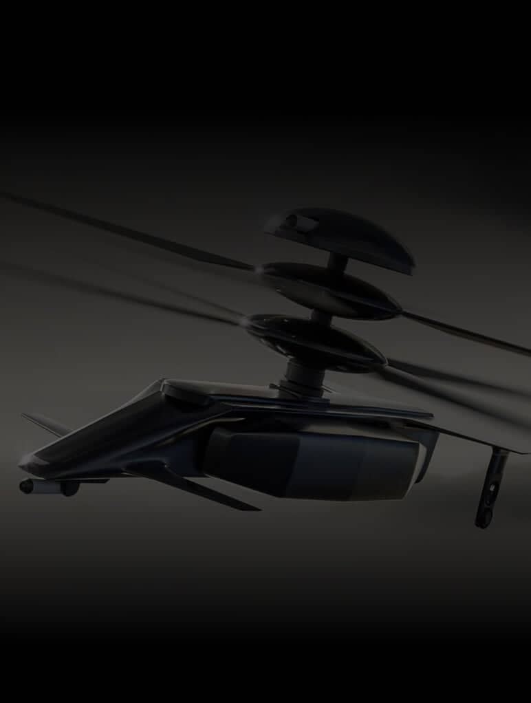 A dark, futuristic helicopter with sleek design and a prominent rotor is displayed against a black background. The aircraft's body is streamlined, emphasizing its modern technology and innovative aerodynamics.