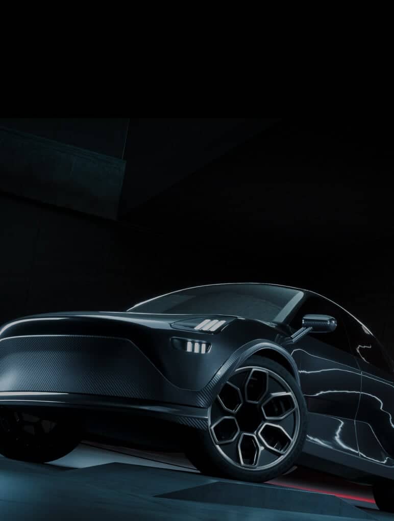 A sleek, futuristic electric car in a dimly lit garage. The car features a smooth, aerodynamic design with distinctive hexagonal wheel rims and illuminated details, highlighting its modern look.