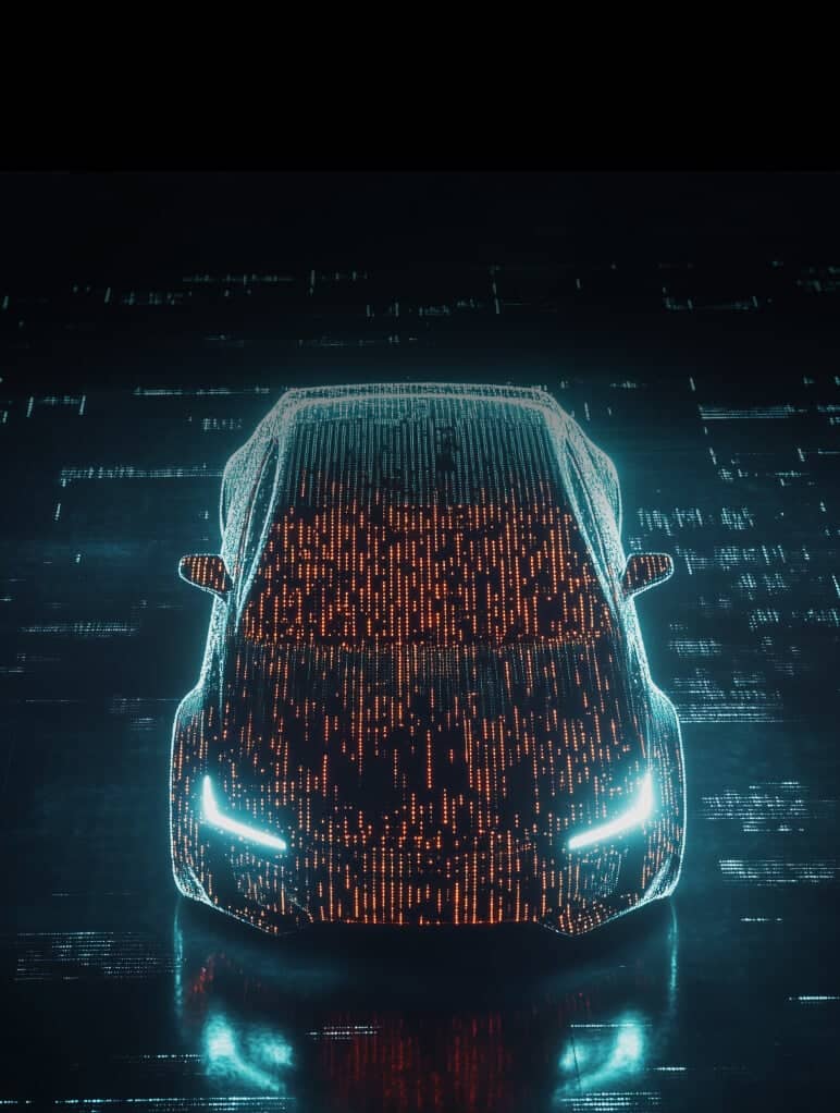 A futuristic car is illuminated in a dark environment. The vehicle is outlined with glowing blue and orange digital patterns, resembling a high-tech design, with bright headlights and a reflective surface below it.