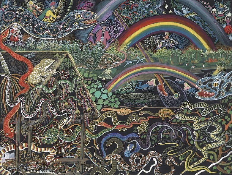 Painting of lots of snakes on a ayahuasca vision