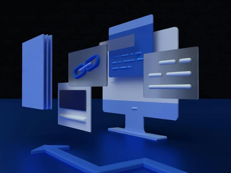 A 3D-rendered image of a blue computer monitor surrounded by floating translucent windows displaying icons, links, and text, set against a dark blue background with an arrow in the foreground.