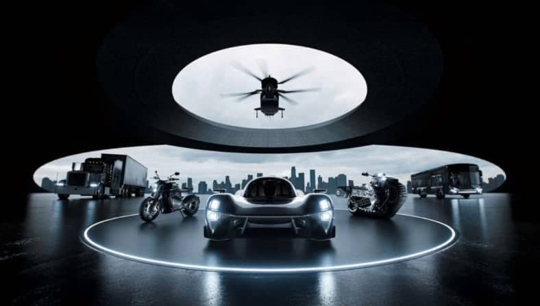 Futuristic scene featuring a sports car under a spotlight, surrounded by a truck, two motorcycles, and a bus. A helicopter hovers above, with a city skyline in the background. The setting is dark and dramatic.