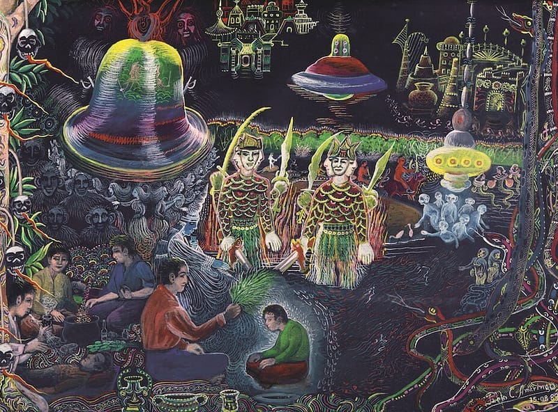 A psychedelic painting of a huge bell and many headed warriors