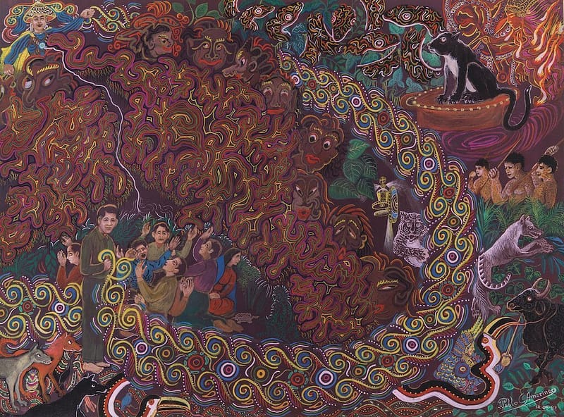 Psychedelic visionary painting of various spirits and patterns