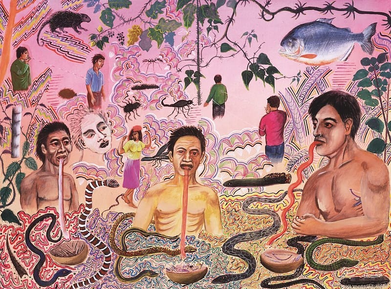 Painting of three sorcerers doing black magic in different settings