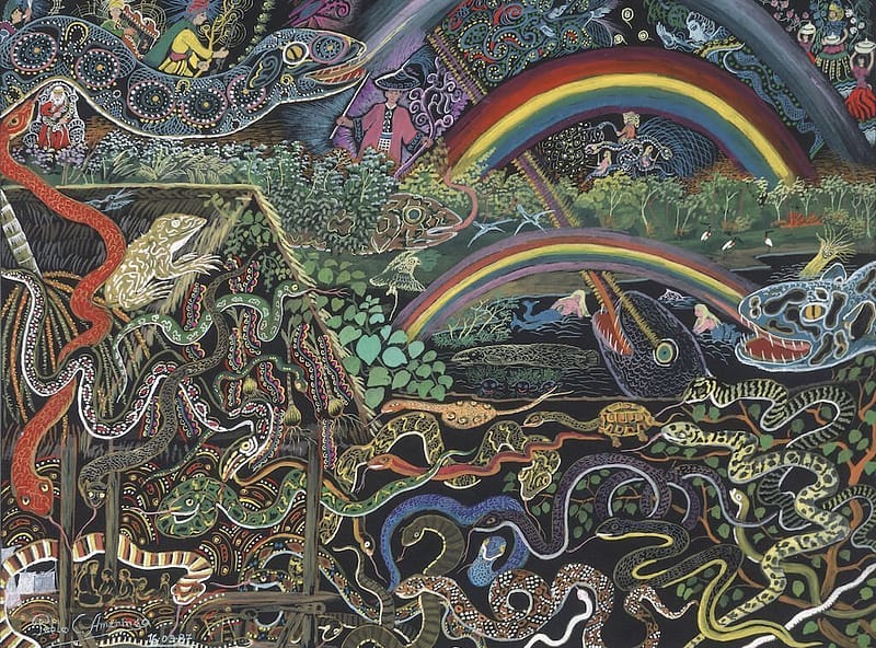 Painting of lots of snakes on a ayahuasca vision