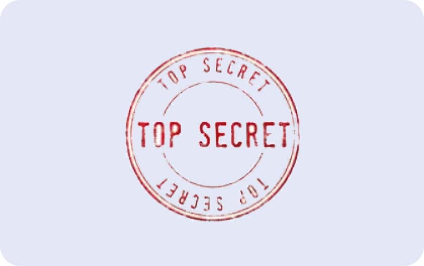 A red rubber stamp imprint reading "TOP SECRET" in all capital letters appears on a light blue background. The text is repeated in a circular pattern around the main phrase.