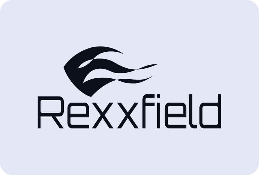 A stylized black logo resembling a flame or abstract eye appears above the word "Rexxfield" in bold, modern black font on a light gray background with rounded corners.