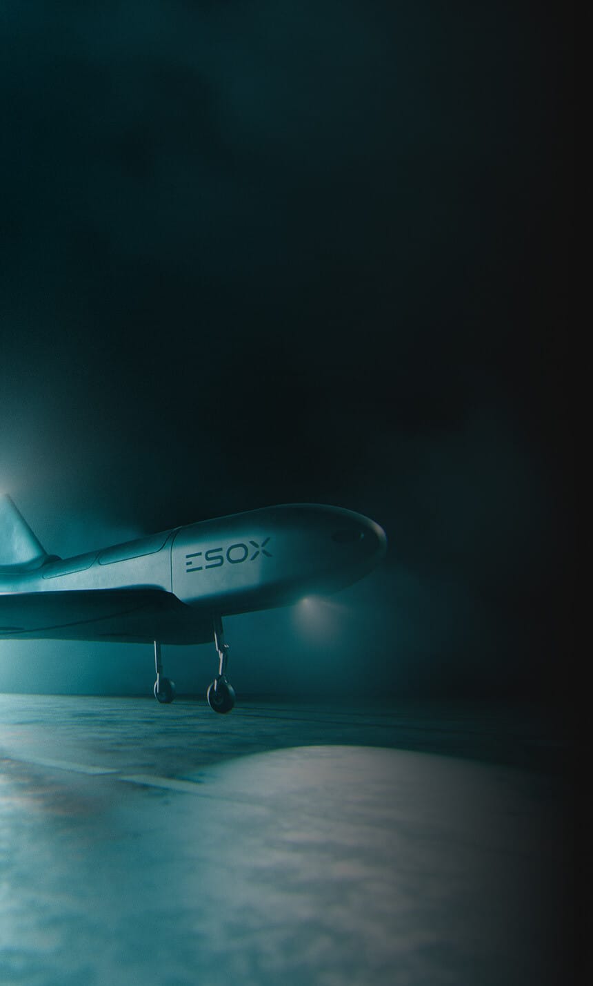 A sleek, modern aircraft labeled "ESOX" stands on a dimly lit runway at night, surrounded by mist and illuminated by soft blue-green lights.