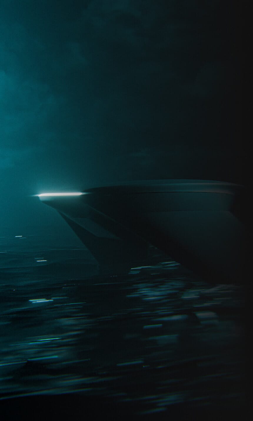 A dark, futuristic ship sails on rough waters at night, with a bright white light glowing from its bow, casting reflections on the waves. The overall scene is shadowy and atmospheric.