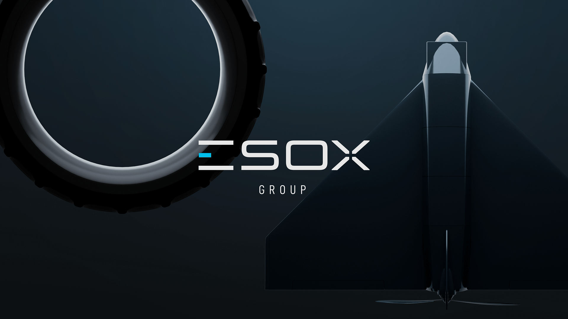 Minimalist image with the words "ESOX GROUP" centered, a stylized tire on the left, and a top view of a stealth aircraft on the right against a dark background.